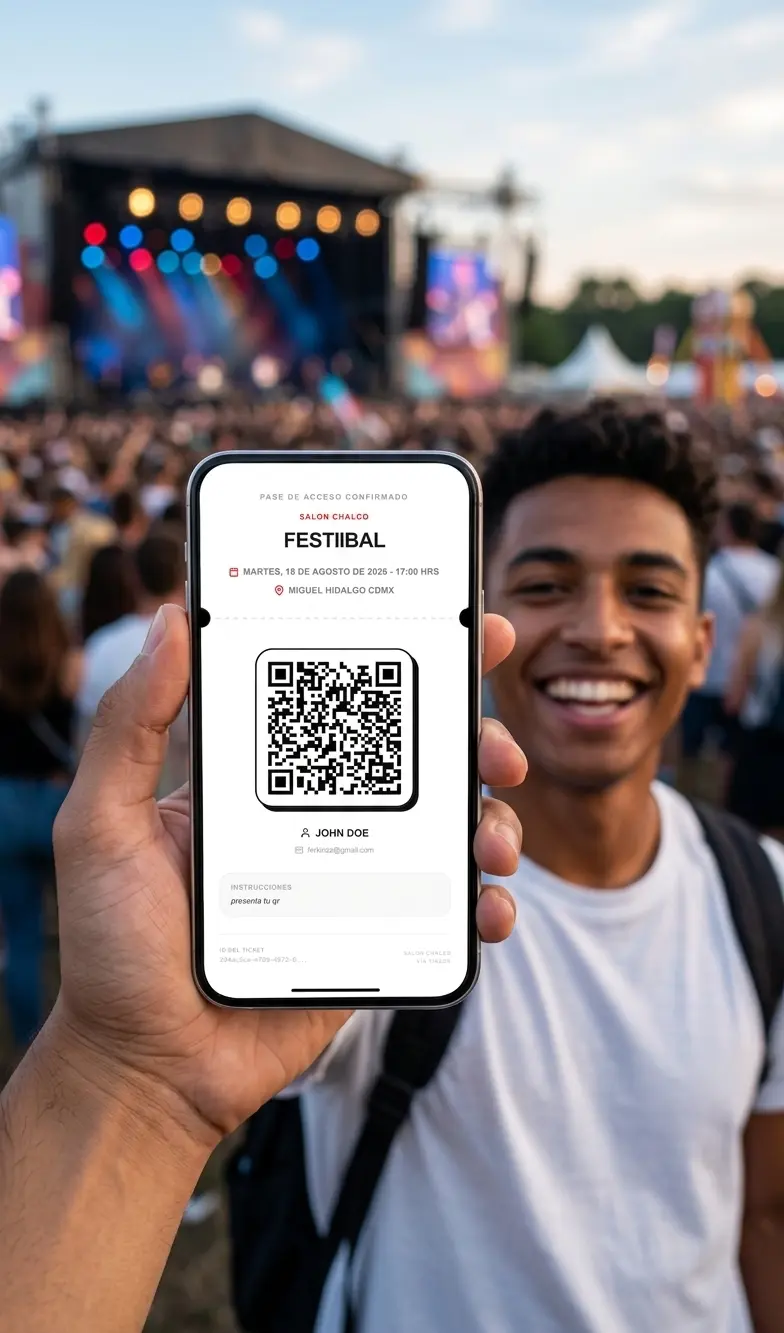 Asistente mostrando su boleto digital real de Tikzor en un evento